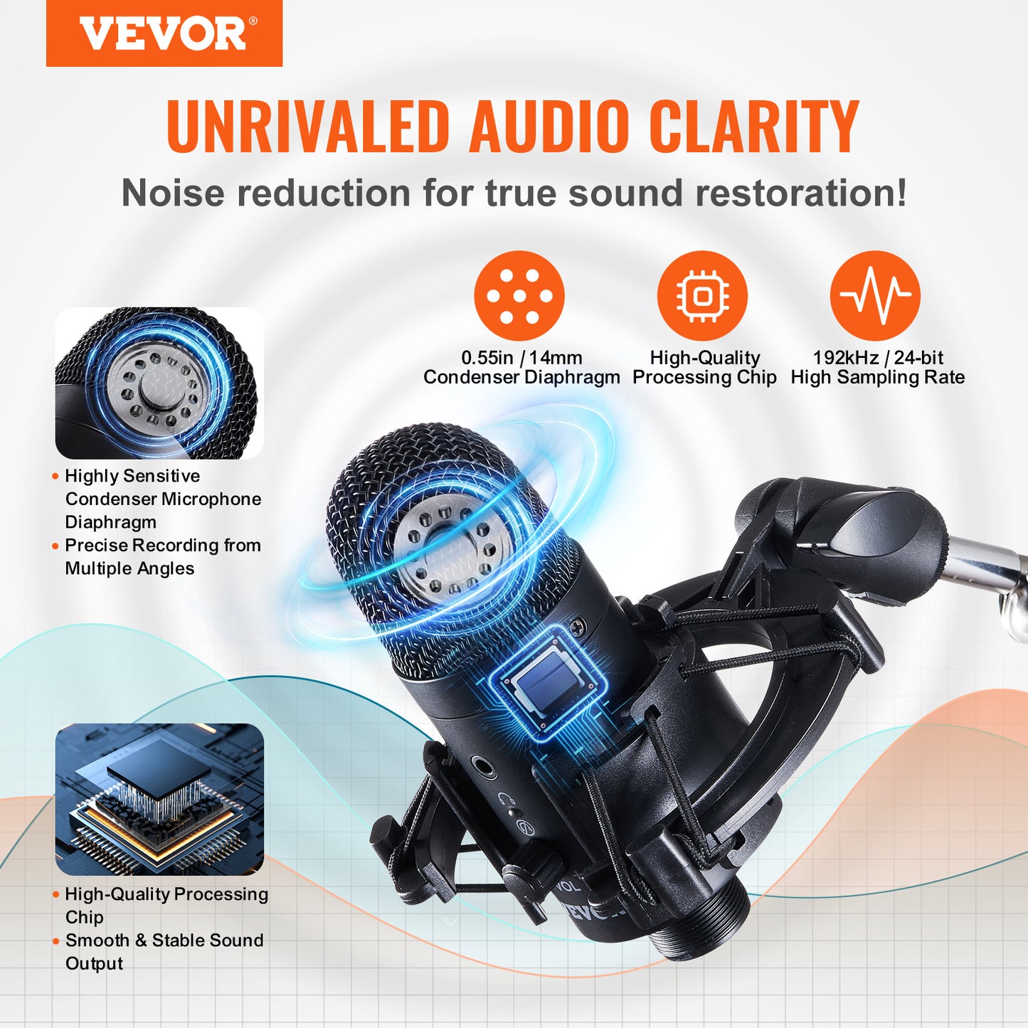VEVOR USB Microphone, 192kHz 24-bit, Professional Condenser Microphone Kit,